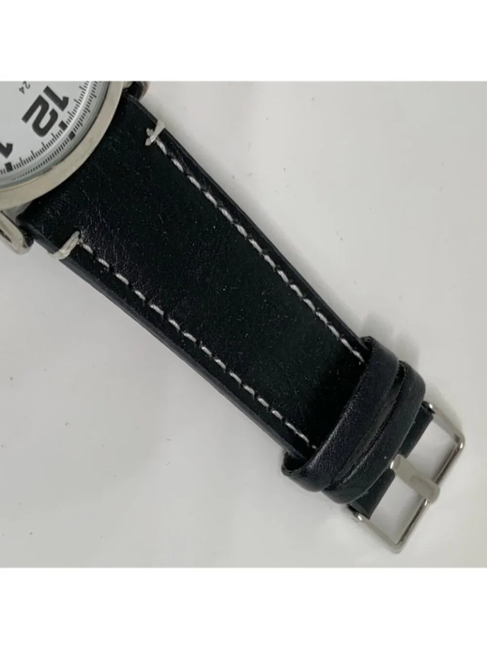 SilverTone tone men’s watch 42mm quartz analog white dial black leather running